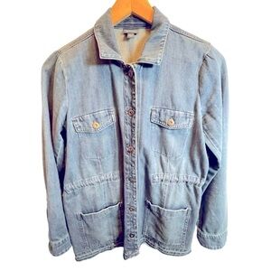 J.Jill Denim Button Up Western Denim Jacket Drawstring Waist & Fringe‎ Raw Hem